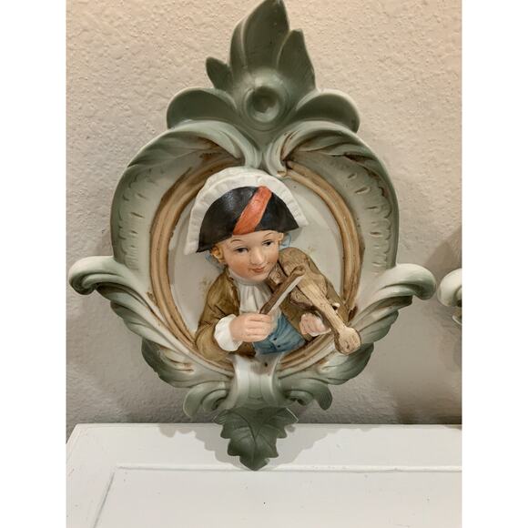 Vtg Hand Painted Porcelain Bisque Wall Hanging Decor Boy Girl Musical Instrument - Picture 4 of 12